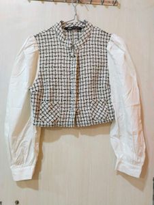Chic Tweed &amp; Puff Sleeve Crop Top Blouse