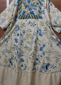 Full Length Flared Kurti Off White Colour With Floral Prints