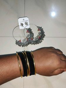 Oxidized Peacock Hoop Earrings &amp; Black Bangles🎉🎊