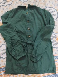 Green Ruffle Korean Top with Back Button Detail