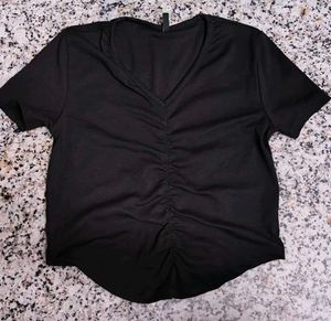 Ruched V-Neck Black Top