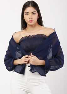 Navy Sheer Button-Down Blouse