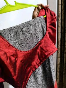 Red & Grey Patterned Saree With Stitched Blouse