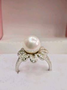 Pearl &amp; Diamond Ring 925 Sterling Silver