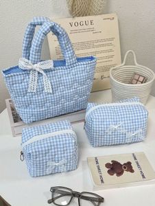 Blue Gingham Bag & Cosmetic Pouches Set