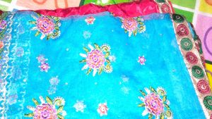 Blue Maroon Floral Net Saree