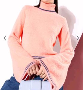 Turtle Neck Furry Sweater With Huge Bell Sleeves