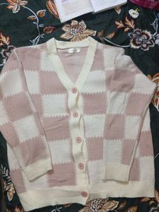 Pink Checkered Knit Cardigan