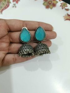 German Silver Monalisa Stone Jhumkas