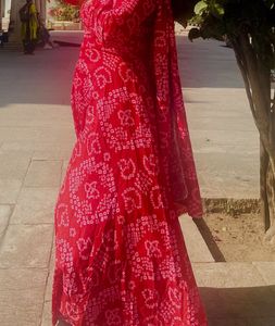 Red Bandhani Print Anarkali Kurta