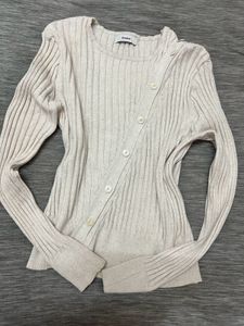 Ribbed Beige Button-Down Top