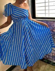 Blue Striped One Shoulder Dress