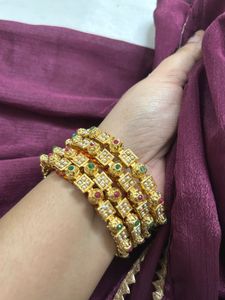 Royal Gold-Plated Bangles with Pearl, Stone Detail