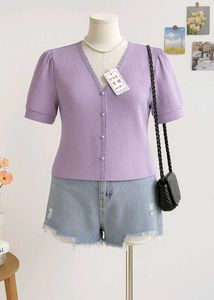 Lilac Ribbed Puff Sleeve Button-Down Top