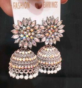 White kundan work Oxidised jhumka