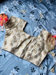 Golden Beige Brocade Blouse with Temple Motifs