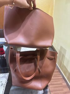 Brown Leather Tote Office Bag With Pouch