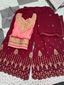 Circular Plazo Suit . Pink With Maroon Colour.