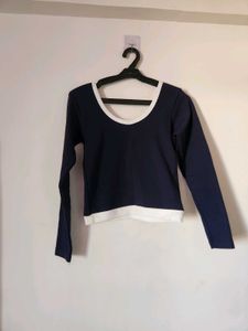 Navy &amp; White Long Sleeve Crop Top