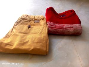 New 5-6 Years Boy&#39;s Tan Chino &amp; Red Sweatshirt
