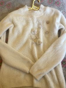 White Fuzzy Sweater with Floral Detail