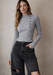 Gray Ribbed Button Detail Strech Sweater (S)