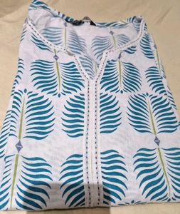 V Neck Leaf Print White Cotton Kurta