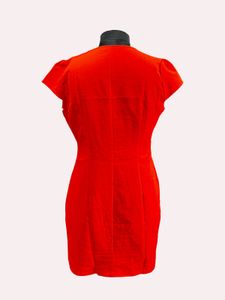 Red belted dress with scalloped neckline