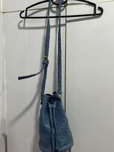 Blue Faux Ostrich Bucket Bag