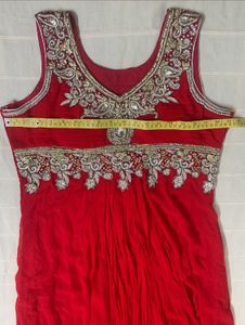 Red Flared Gown/Dress With Heavy Embroidery