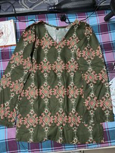 Olive Green Patterned Short Kurta