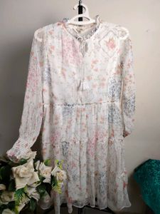 Floral Chiffon Tiered White Dress