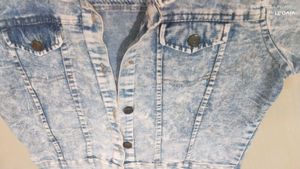 Acid Wash Denim Jacket with Striped Sleeves