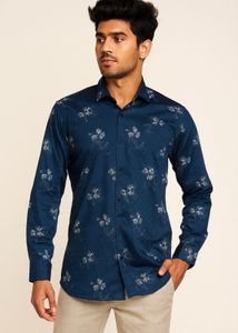 Men’s Navy Blue Cotton Shirt with Floral Print
