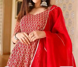 Red Printed Anarkali Kurta Set