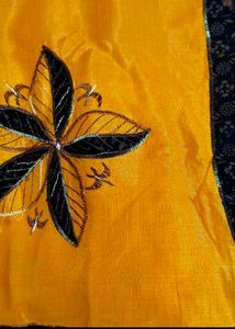 Mustard And Black Embellished Saree