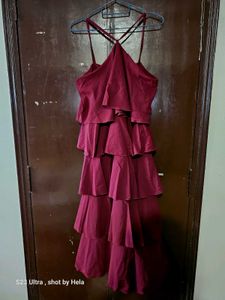 A Cherry Maroon Ruffled Maxi Dress