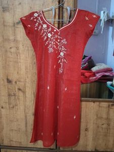 Red Embroidered Kurta with Dupatta