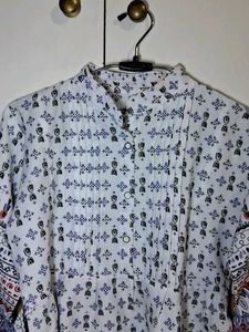 White Printed Kurti Top With Ties