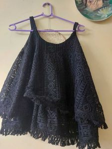 Black Crochet Tank Top with Fringe