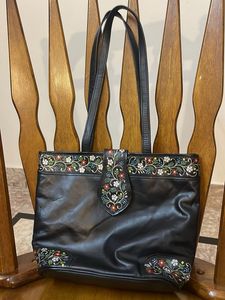 Floral Embroidered Leather Tote Bag