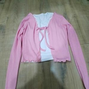 Pink Tie-Front Cardigan Combo Set