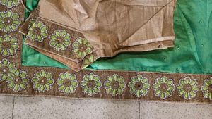 Golden And Parrot Green Sari With Blouse