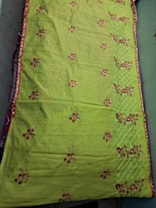 BrandNew Embroidary LimeGreen ChanderiCotton Saree