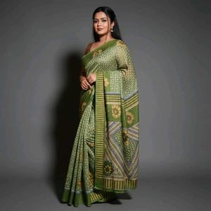 🛍️Good Green Floral Cotton Saree ⭐⭐⭐⭐⭐