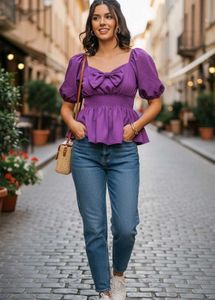 Purple Bow Tie Puff Sleeve Top