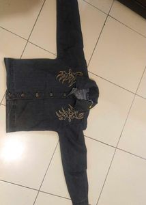 CHARCOAL WOMEN DENIM WITH FLAMES EMBROIDERY
