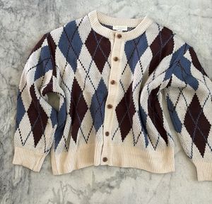Argyle Pattern Round Neck Cardigan Sweater
