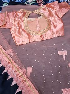Half And Half Net And Satin Saree With Stitched Blouse Never Used