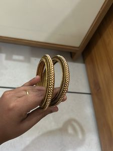 Golden Bangles With Pink Colour Pearls